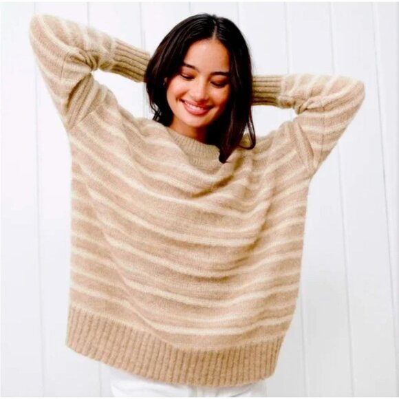 Jenni Kayne Women's Alpaca Cocoon Crew Neck Sweater L Stripe Minimalist Contempo - Picture 1 of 13